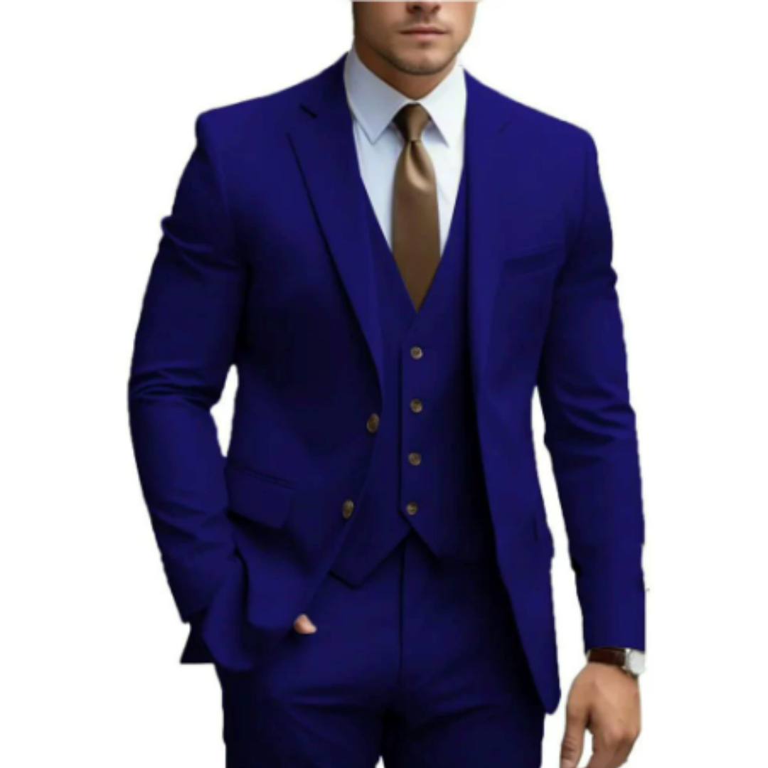 Tailored slim-fit men's suit jacket, part of a three-piece set, suitable for elegant formal wear.