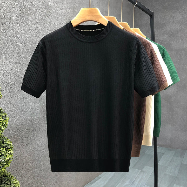 Modern men's elevated crewneck top. Long sleeve, comfortable everyday shirt with a stylish ribbed texture. Men's fashion.