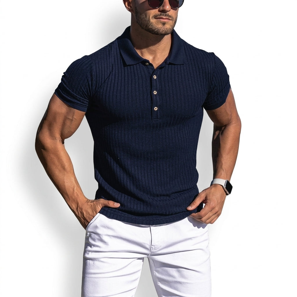 Black men's tailored fit polo shirt, offering elevated style for versatile smart casual outfits. Everyday comfort.