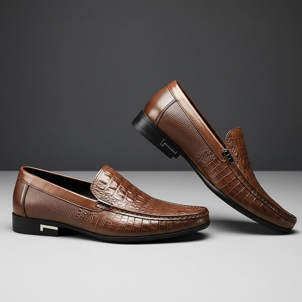 Comfortable men's slip-on dress shoes with sophisticated embossed pattern.