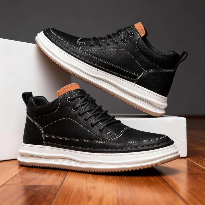 Men's comfort walking shoes, lace-up athletic sneakers in black, ideal for daily use.