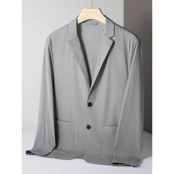 Close-up of the fabric on a men's stretch blazer, highlighting its performance and wrinkle-resistant qualities