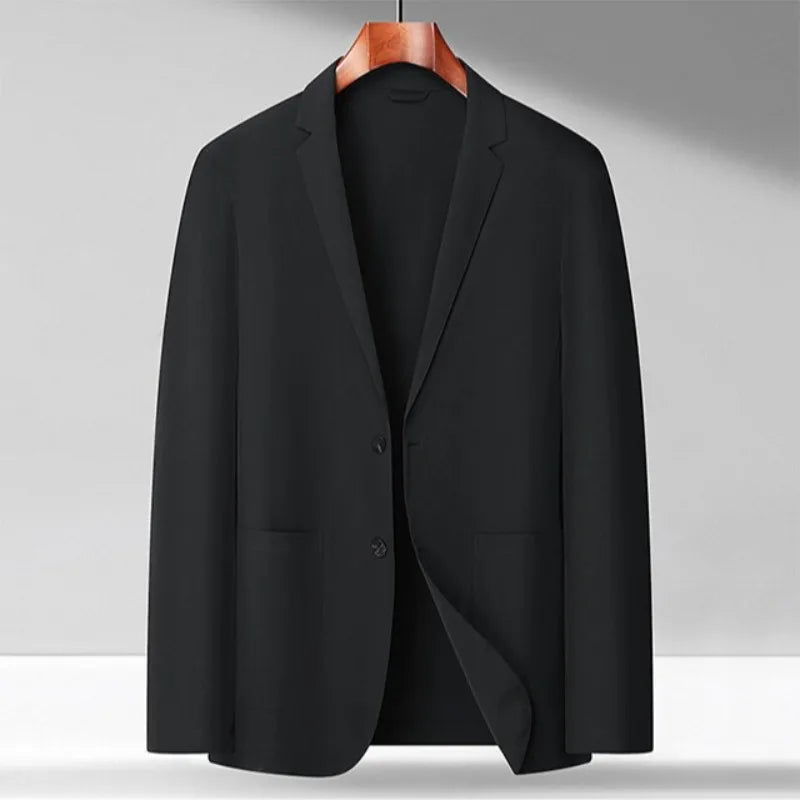 Detailed view of the buttons and lapel on a black men's stretch performance blazer, a versatile wardrobe essential