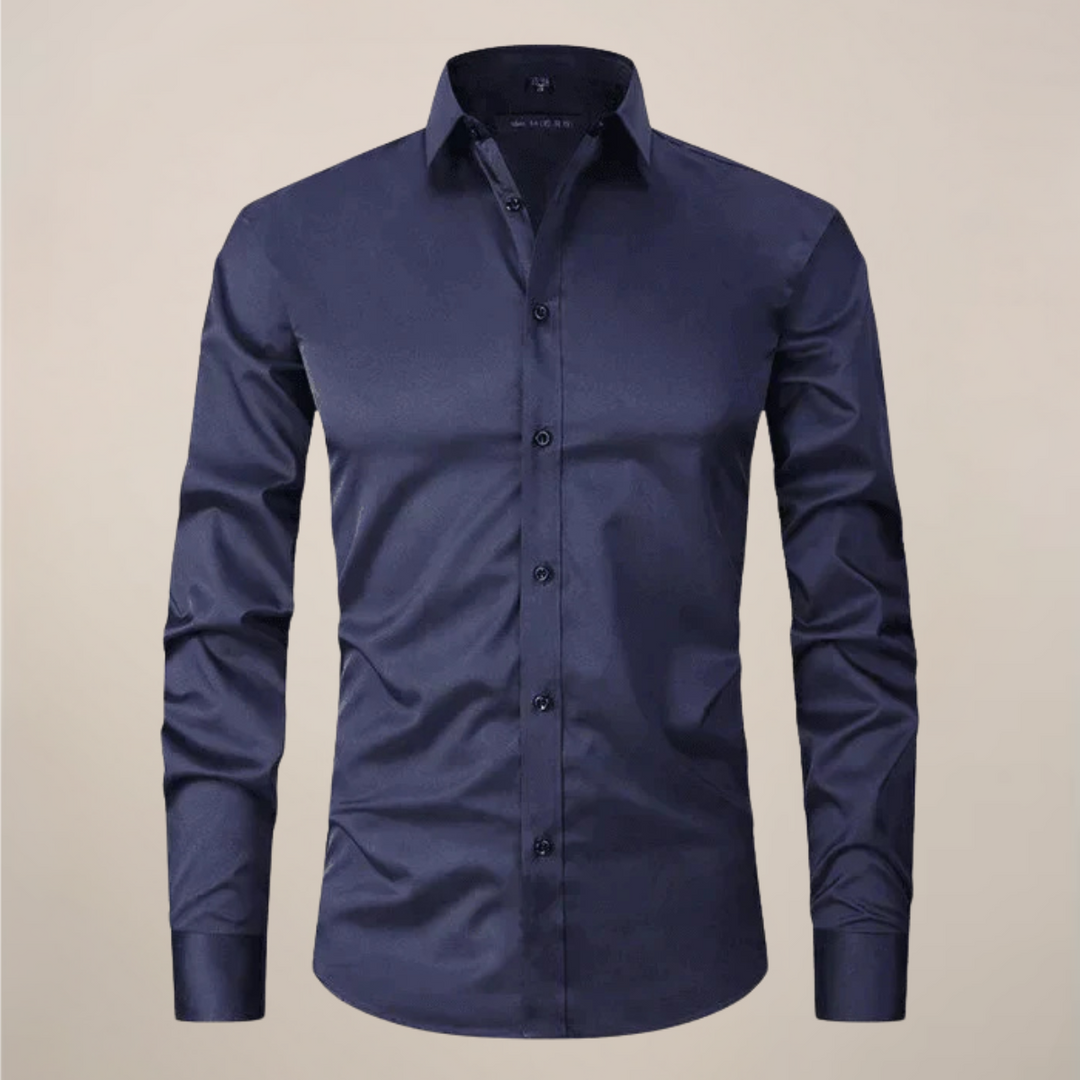 Modern men's tailored spring shirt with long sleeves and a sophisticated solid color