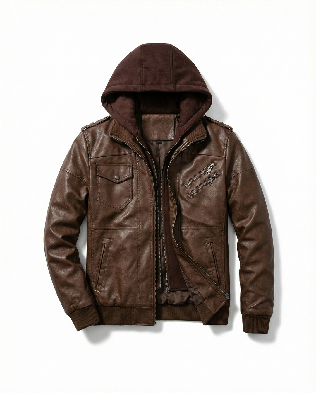 Men's faux leather aviator jacket in brown, front view, perfect for winter casual outerwear.