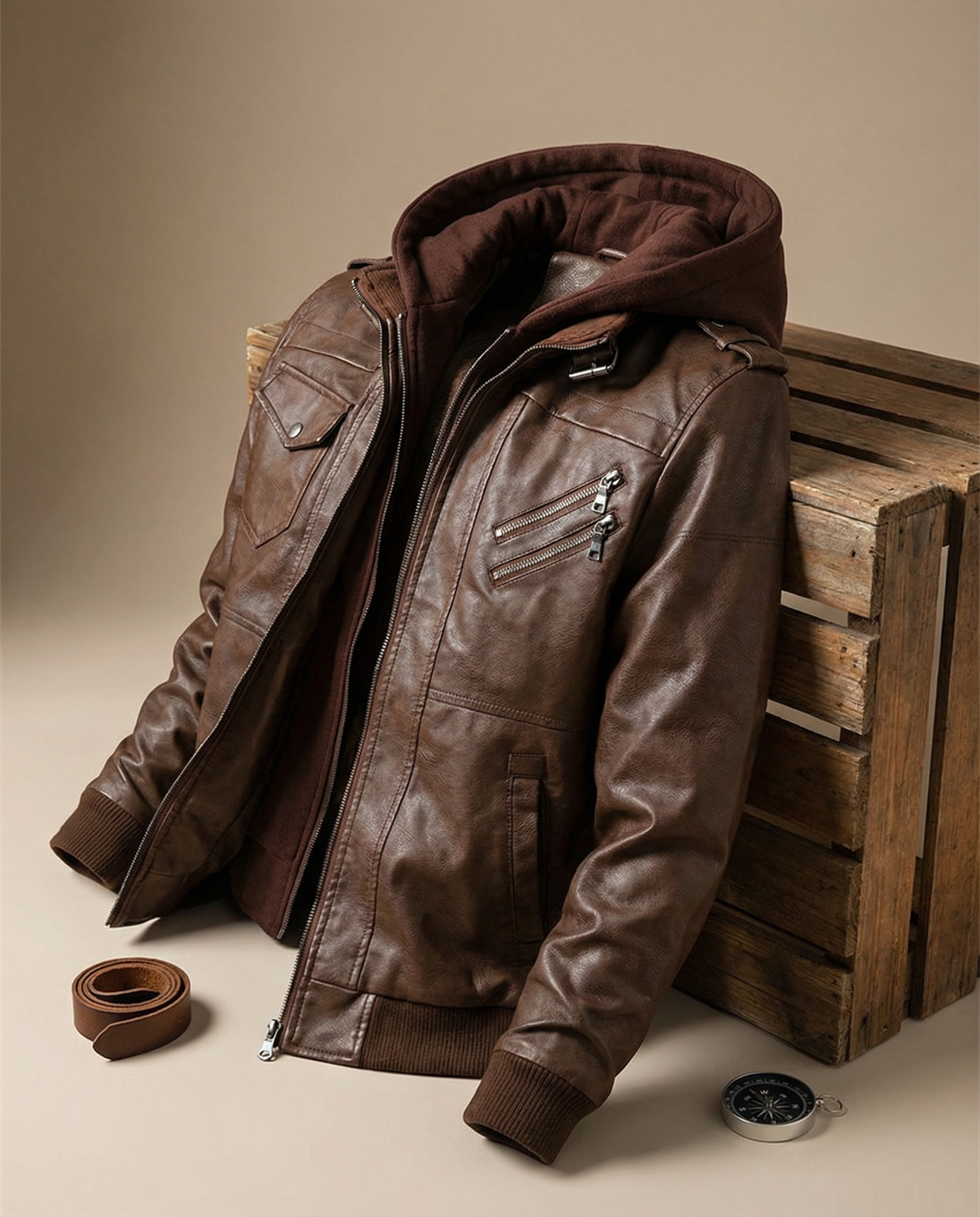 Classic men's black faux leather aviator jacket, detailed with a cozy faux shearling collar.