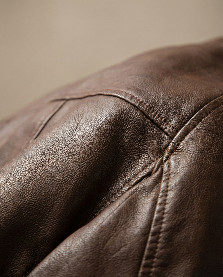 Close-up of a men's brown faux leather aviator jacket showcasing texture and zipper detail.
