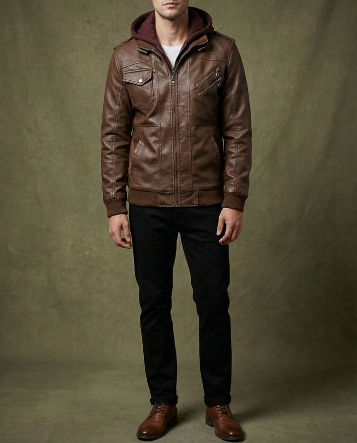 Stylish men's black faux leather aviator jacket, ideal for casual winter outerwear.