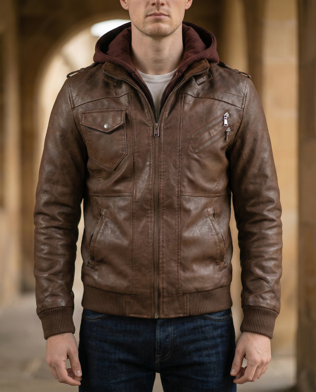 Back view of a men's brown faux leather aviator jacket, highlighting its timeless design.