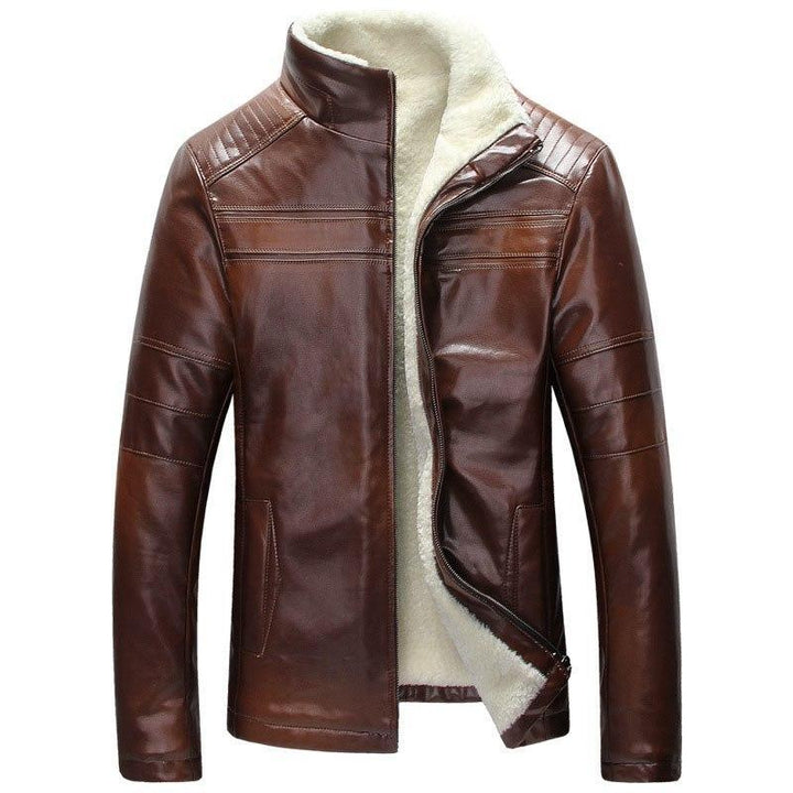 Men's faux leather fur-lined moto jacket in brown, biker style, for winter outerwear