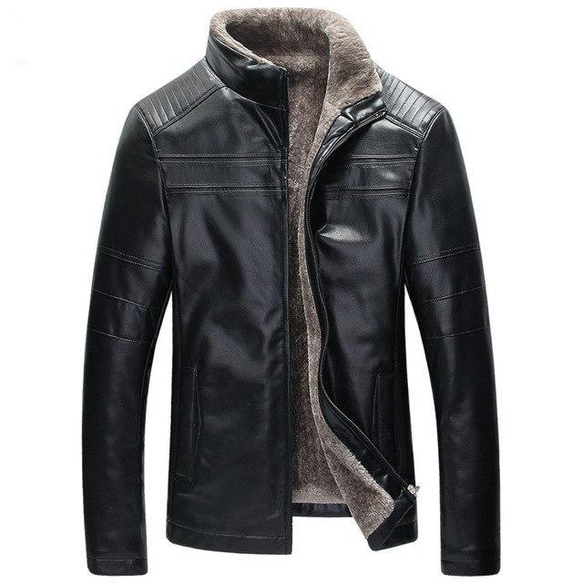 Side profile of a men's brown faux leather biker jacket, fur-lined, durable outerwear