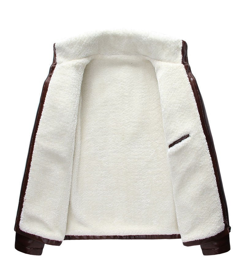 Close-up of the soft fur lining on a men's faux leather moto jacket, brown color