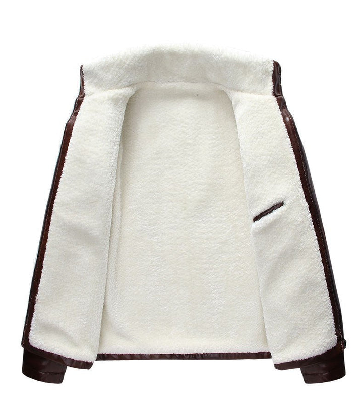 Close-up of the soft fur lining on a men's faux leather moto jacket, brown color