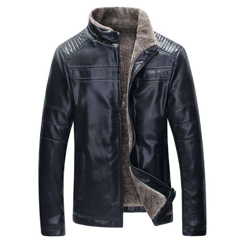 Front view of a men's black faux leather motorcycle jacket with fur collar, winter outerwear