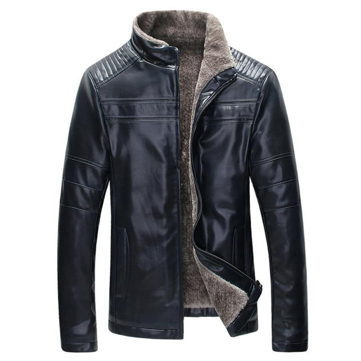 Front view of a men's black faux leather motorcycle jacket with fur collar, winter outerwear