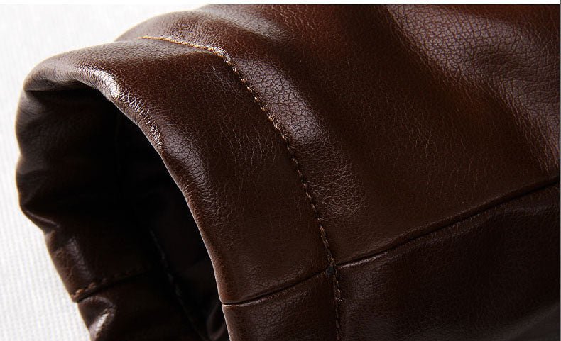 Stylish men's brown faux leather moto jacket with internal fur, cold weather outerwear