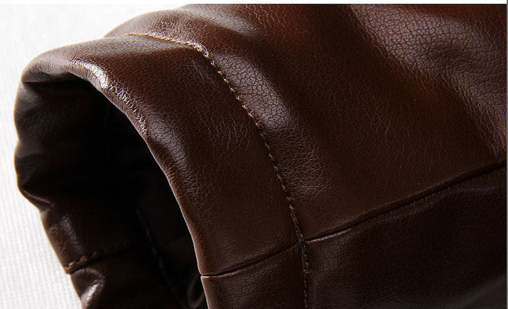 Stylish men's brown faux leather moto jacket with internal fur, cold weather outerwear
