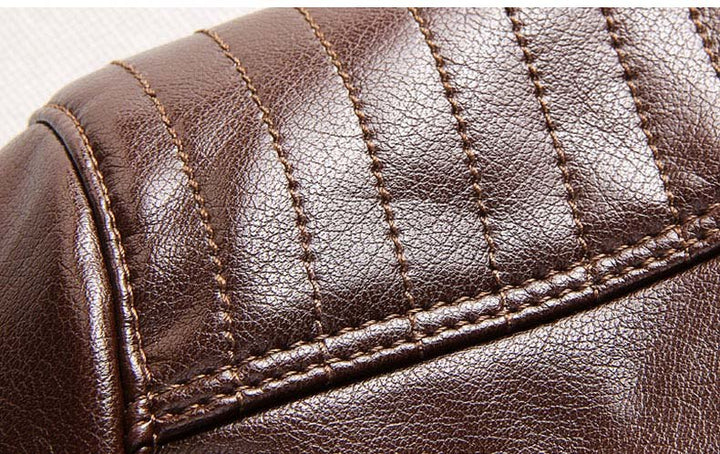 Back view of a men's brown faux leather jacket, fur-lined, showcasing biker style