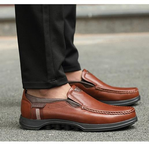 Men's comfort shoes: Faux leather slip-on loafers with cushioned sole.
