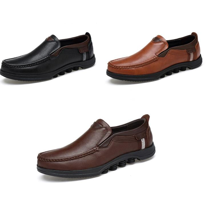 Men's versatile black faux leather slip-on loafers, a closet essential.