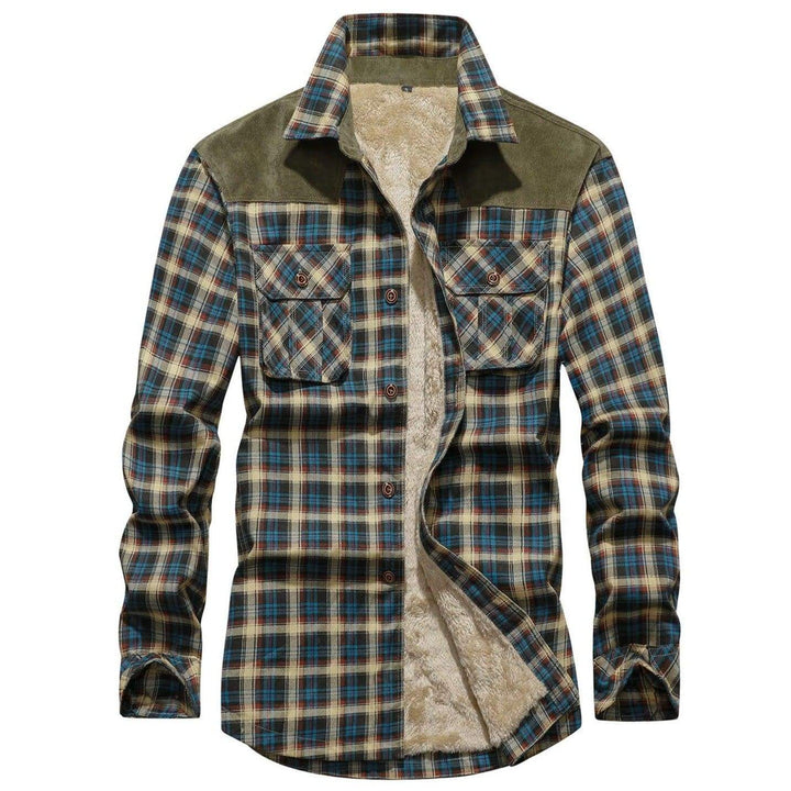 Men's blue flannel lined button-up jacket, casual wear, open over a t-shirt, perfect for fall/winter layering