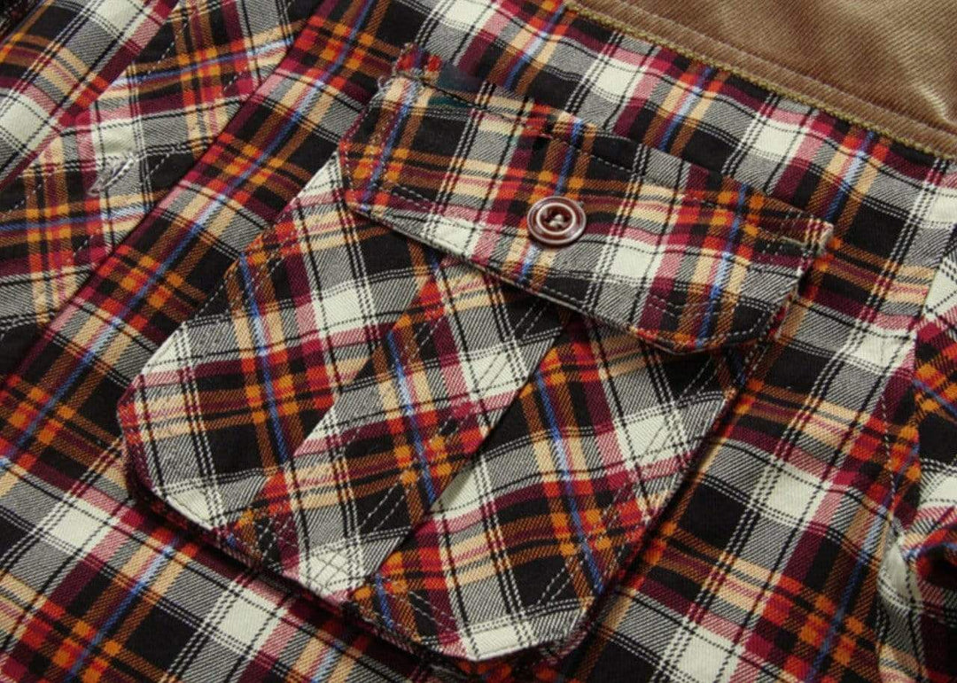 Close-up of the fabric texture of a men's red wine flannel lined jacket, showing rich colors and soft appearance