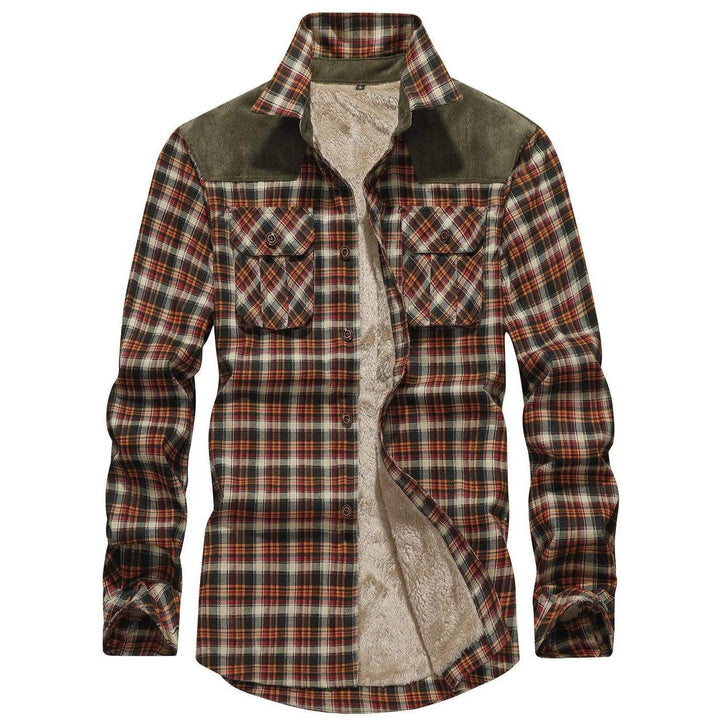 Front view of a men's red wine plaid flannel lined jacket, buttoned up, ideal warm outerwear