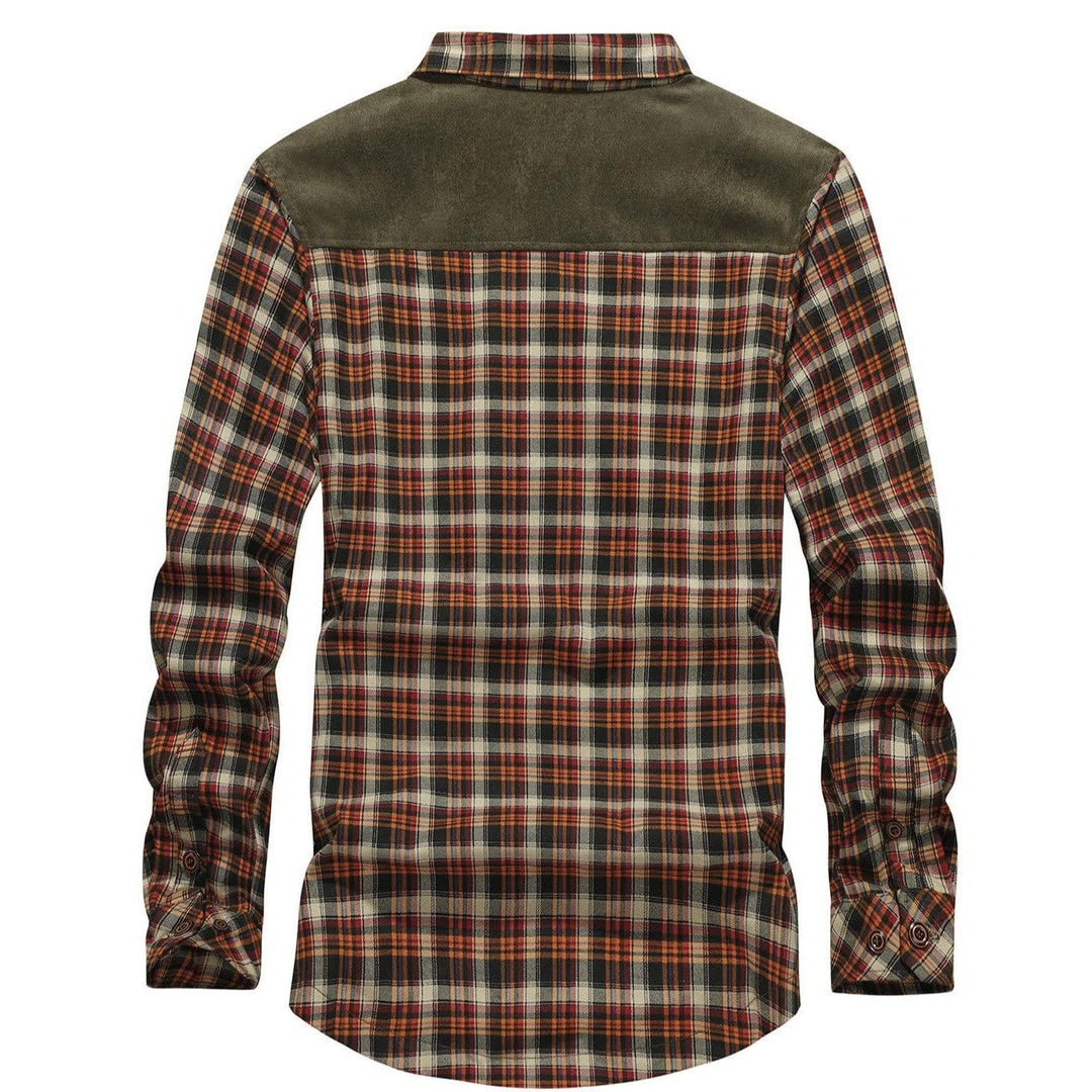 Side profile of a man wearing a warm red wine flannel lined button-up jacket, showcasing its comfortable fit