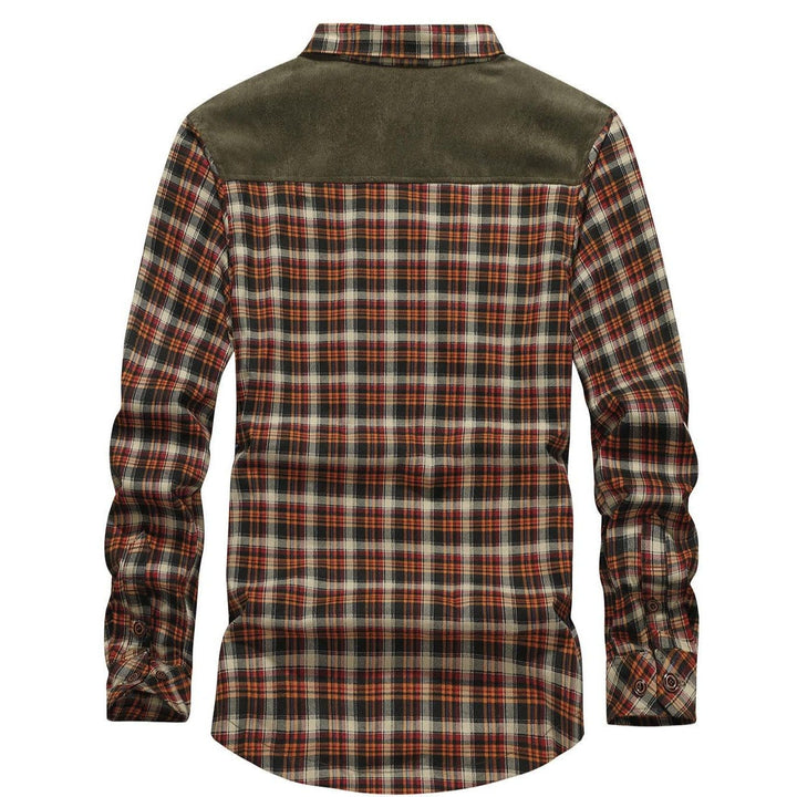 Side profile of a man wearing a warm red wine flannel lined button-up jacket, showcasing its comfortable fit