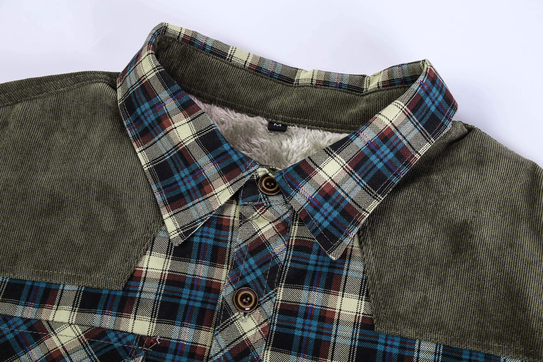 Men's casual blue flannel jacket with a visible soft lining, buttons open, perfect for layering