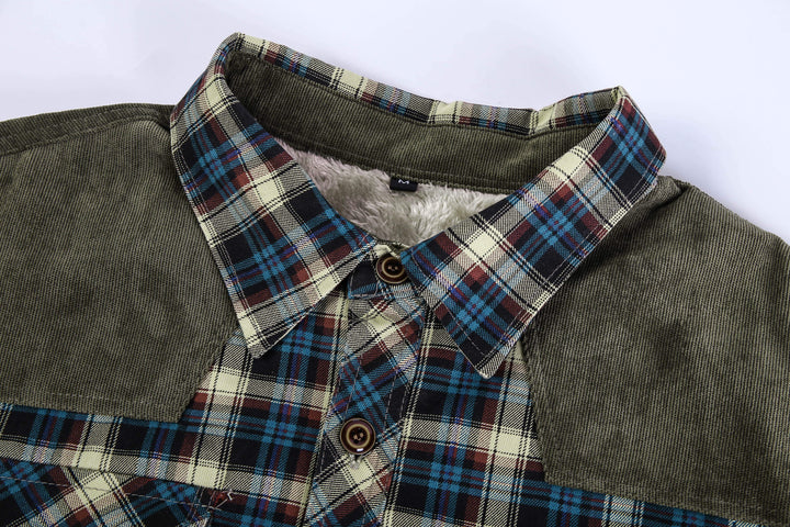 Men's casual blue flannel jacket with a visible soft lining, buttons open, perfect for layering
