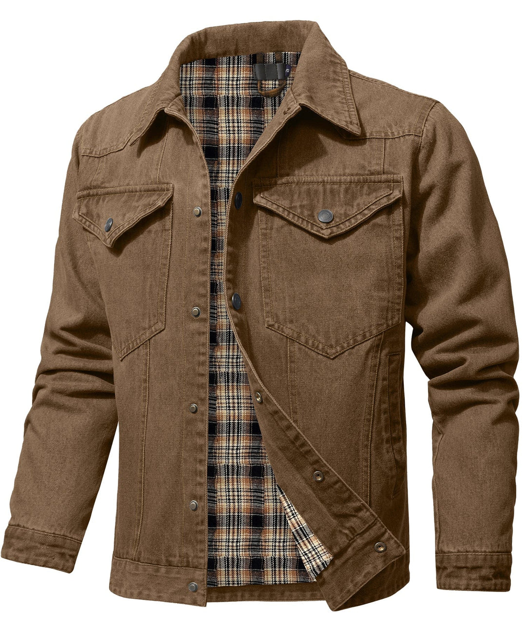 Men's Flannel Lined Denim Shirt Jacket in a natural outdoor setting, rugged men's fashion