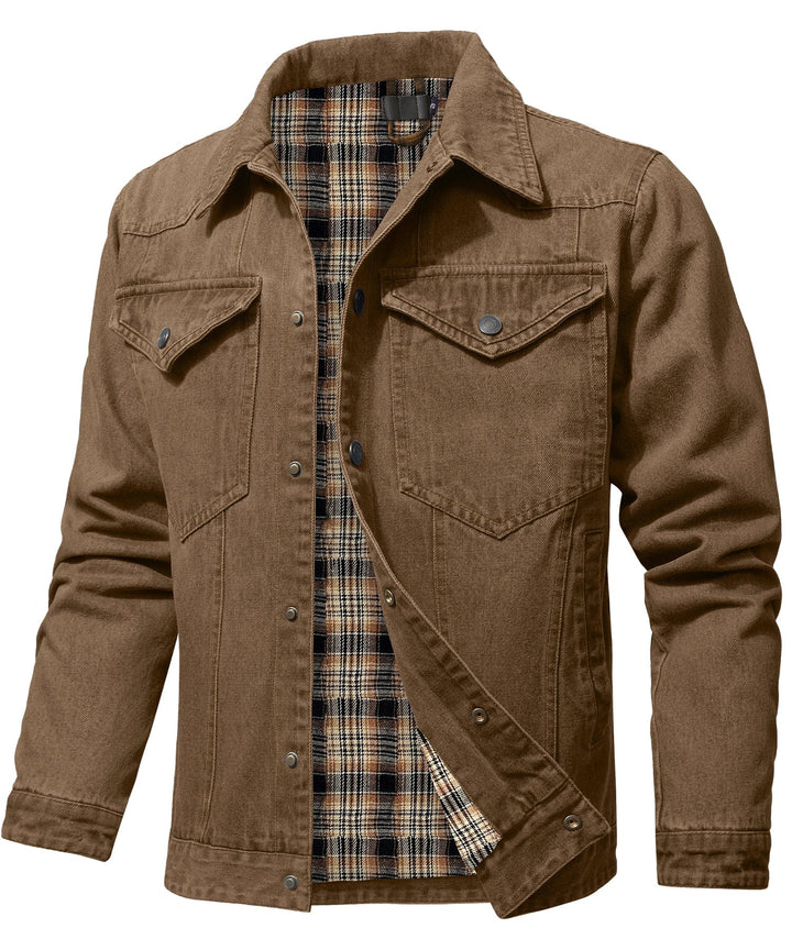 Men's Flannel Lined Denim Shirt Jacket in a natural outdoor setting, rugged men's fashion