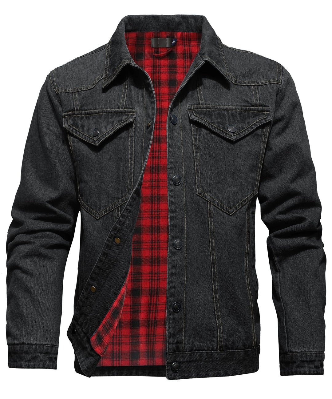 Close-up of flannel lining on Men's Denim Shirt Jacket, warm and comfortable men's apparel