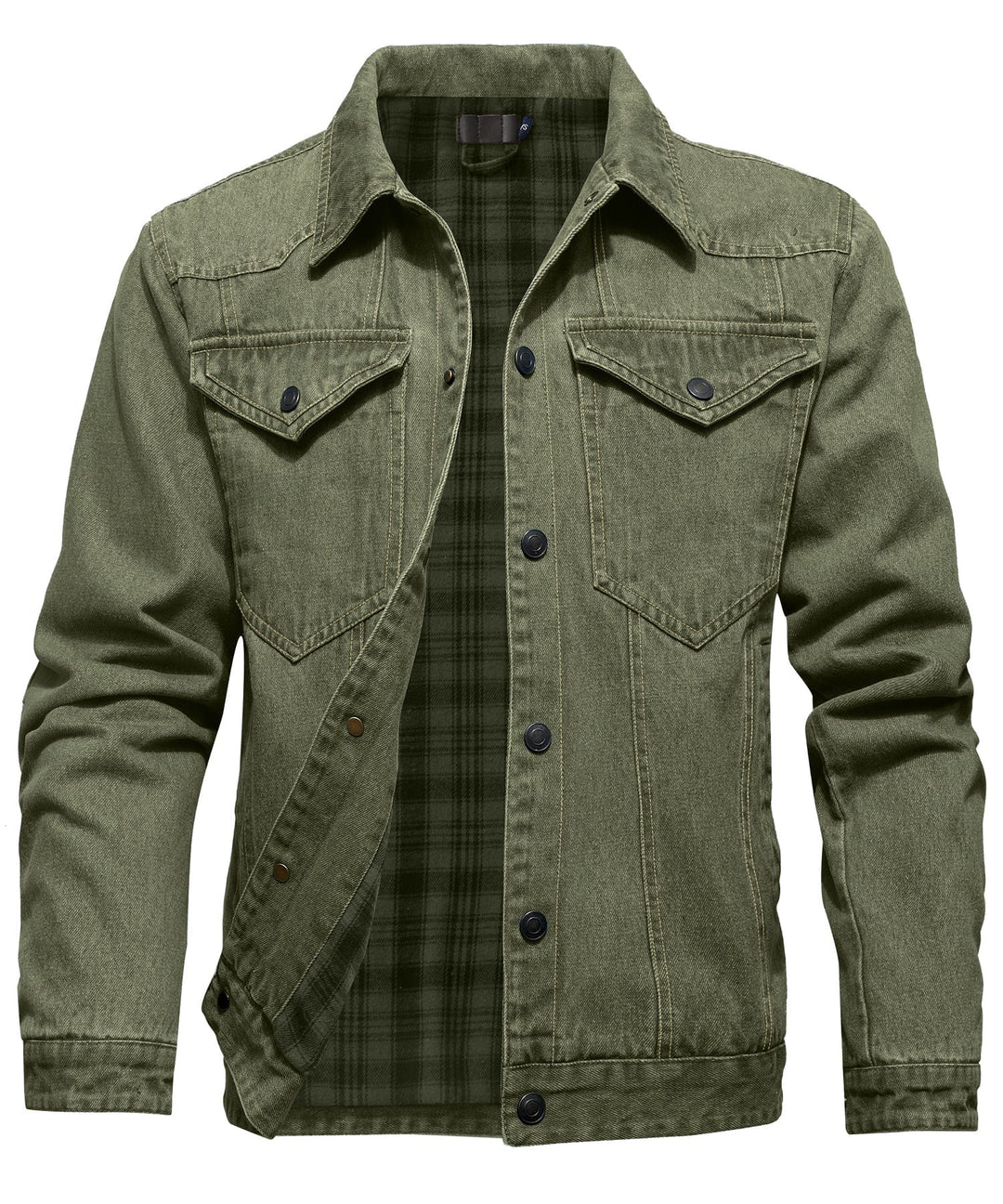 Detail of button closure on Men's Flannel Lined Denim Shirt Jacket, durable men's jacket