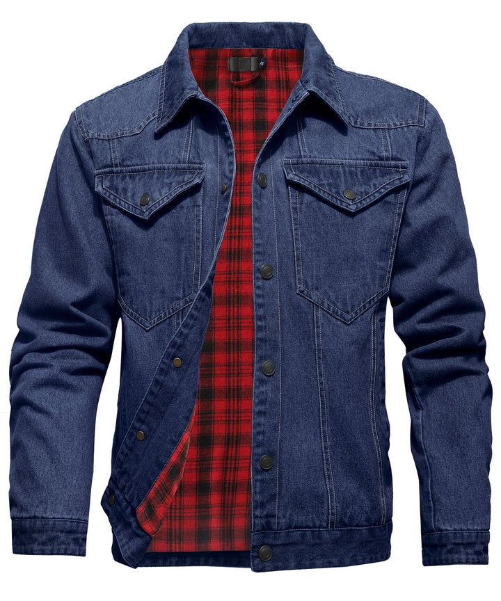 Back view of Men's Denim Shirt Jacket with flannel lining, versatile men's outerwear