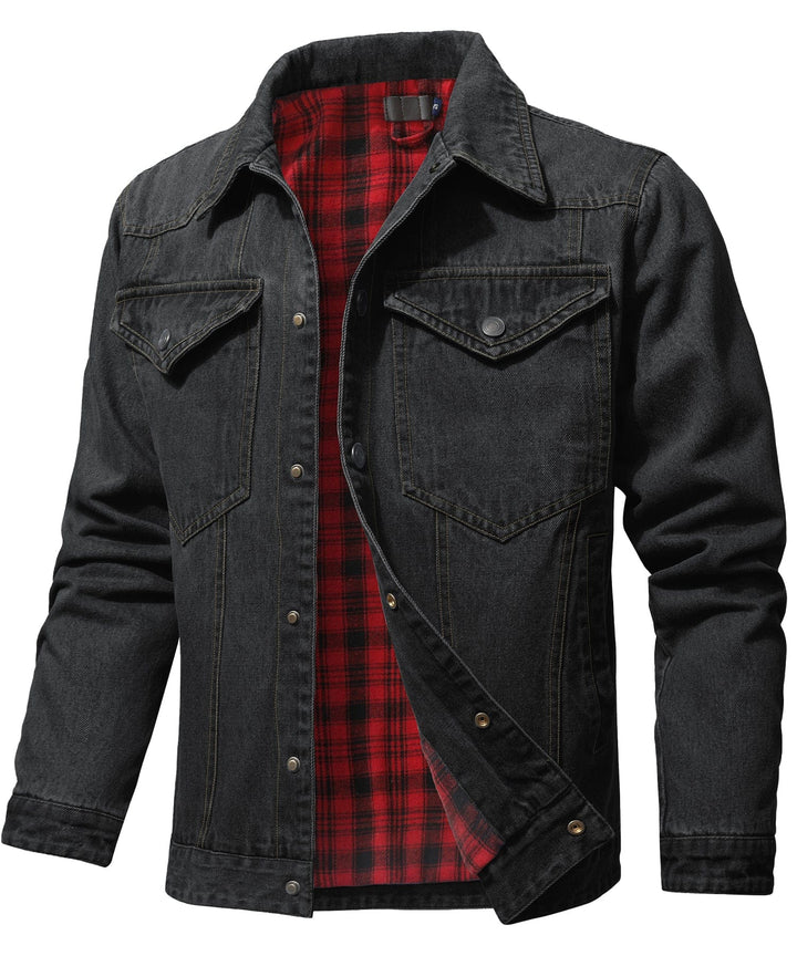 Side profile of Men's Flannel Lined Denim Shirt Jacket, perfect for men's winter apparel
