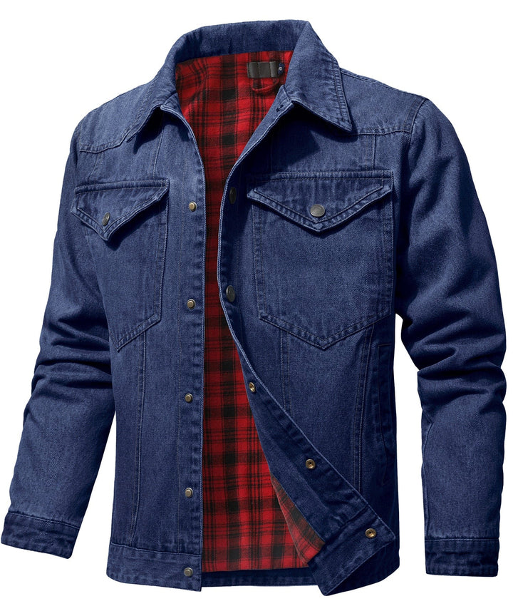 Close-up of denim fabric on Men's Flannel Lined Shirt Jacket, high-quality casual jacket