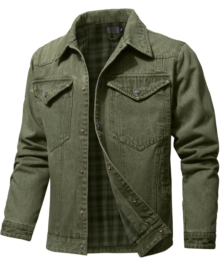 Man's hand reaching for pocket on Flannel Lined Denim Shirt Jacket, practical men's outerwear
