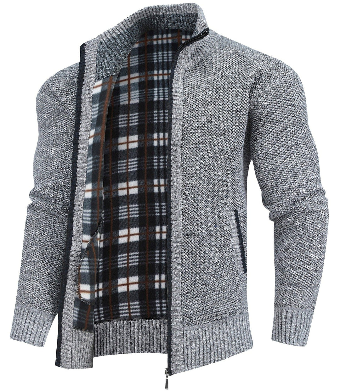 Warm men's flannel-lined full-zip sweater in a classic style, perfect for winter fashion.