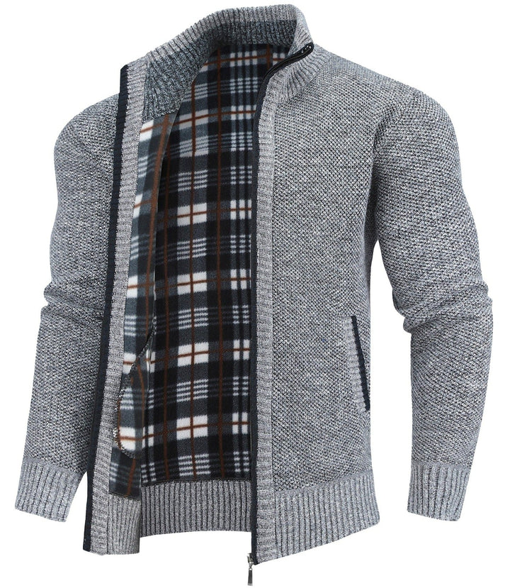 Warm men's flannel-lined full-zip sweater in a classic style, perfect for winter fashion.