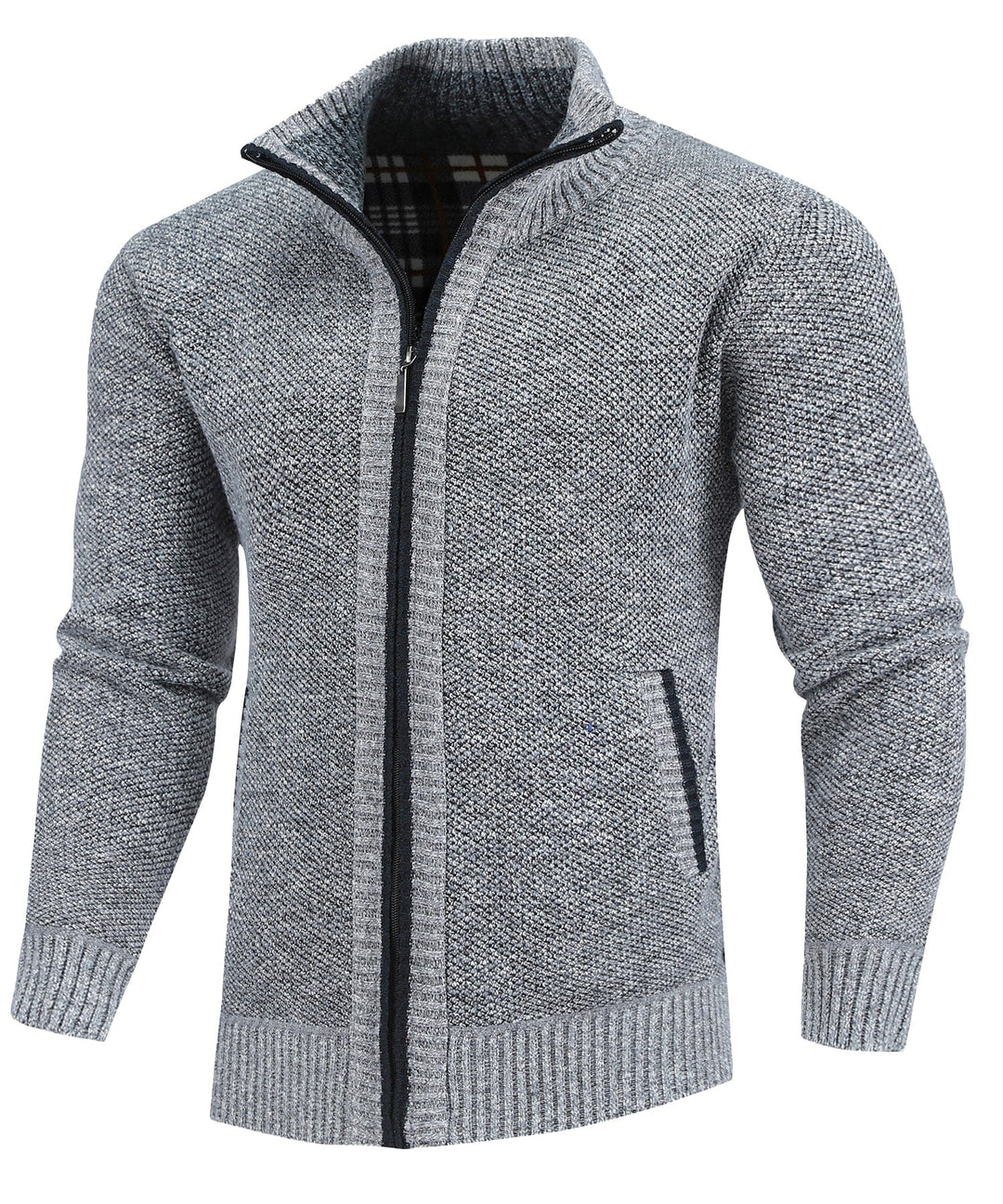 Stylish men's flannel-lined full-zip sweater, a versatile piece for casual winter outfits.