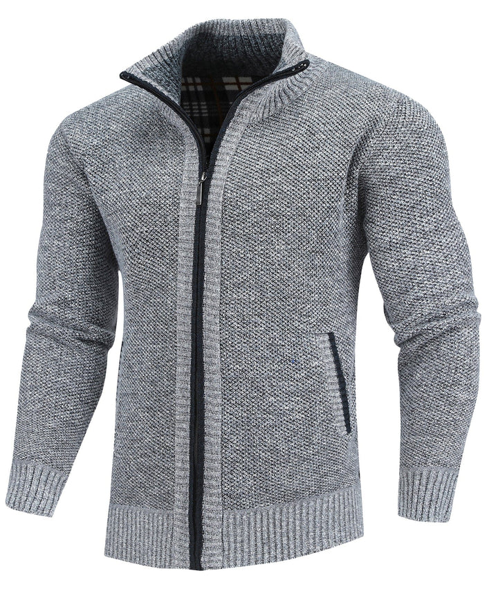 Stylish men's flannel-lined full-zip sweater, a versatile piece for casual winter outfits.