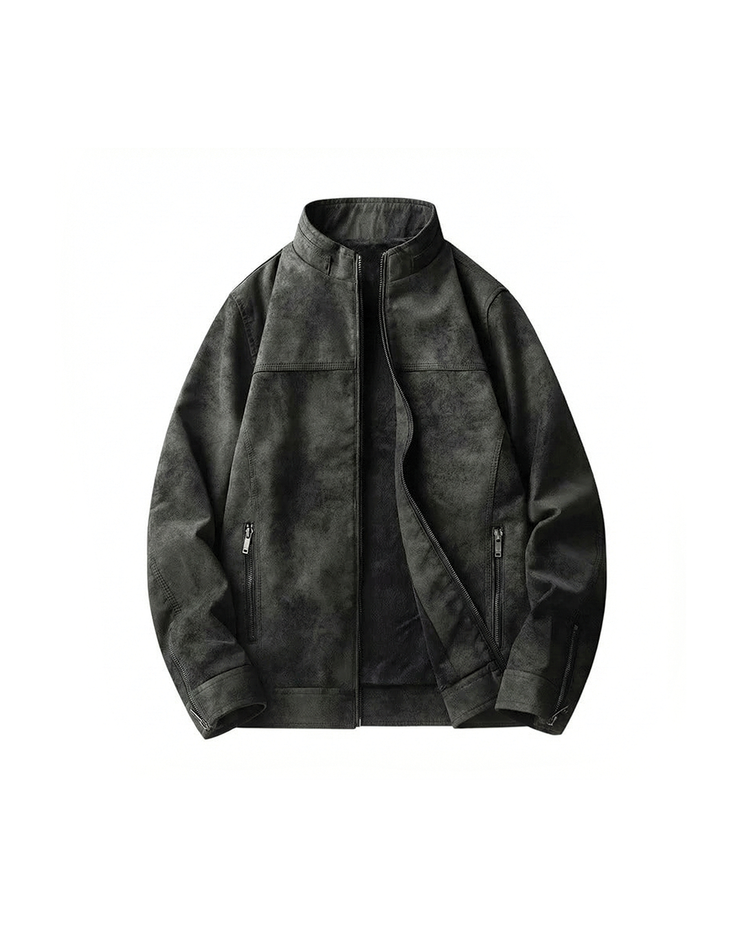 Men's fleece-lined suede-like jacket for winter, with a distressed look. Warm casual outerwear.