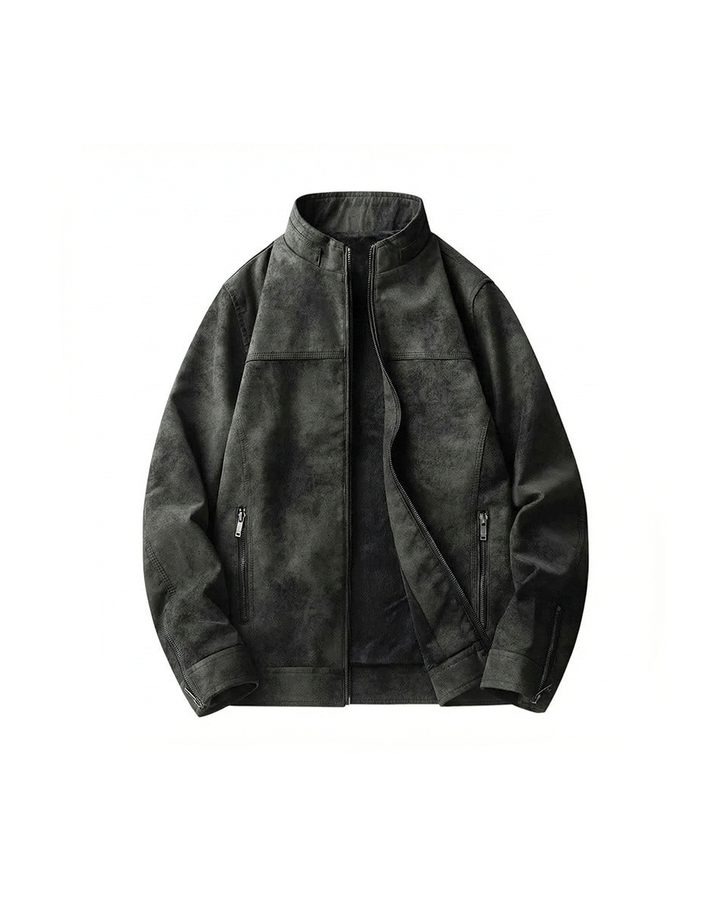 Men's fleece-lined suede-like jacket for winter, with a distressed look. Warm casual outerwear.