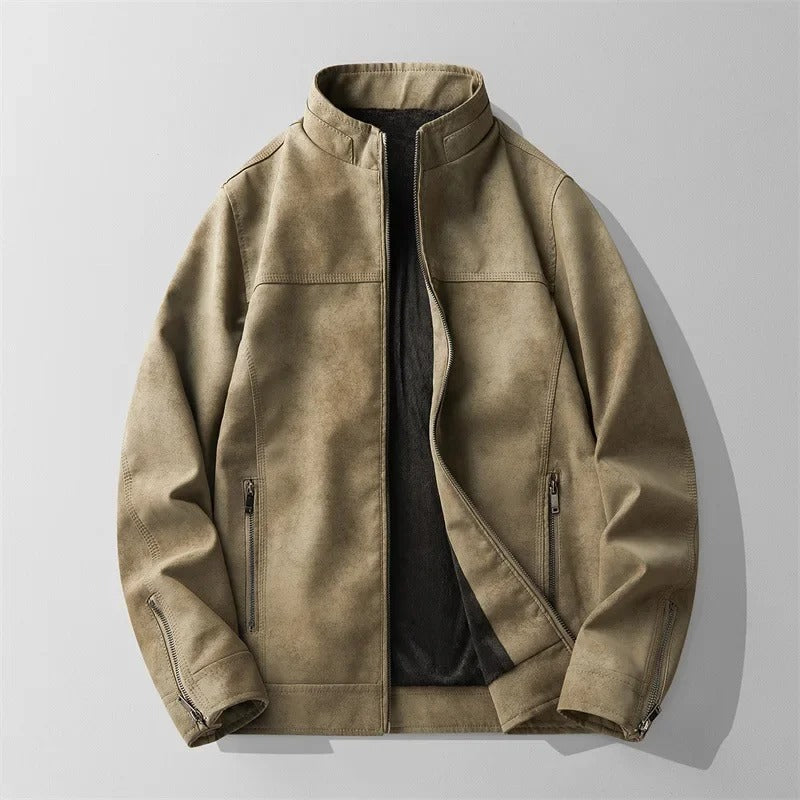 Full view of a men's versatile fleece-lined suede-like jacket, a warm winter coat with a rugged, distressed look.