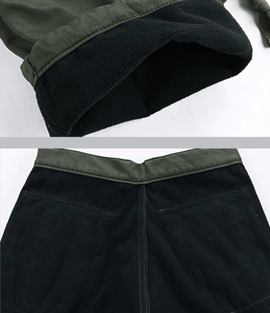Side profile of men's fleece-lined outdoor cargo pants, featuring a spacious pocket