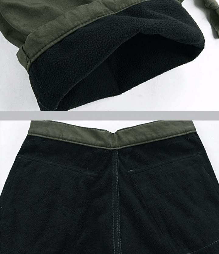 Side profile of men's fleece-lined outdoor cargo pants, featuring a spacious pocket