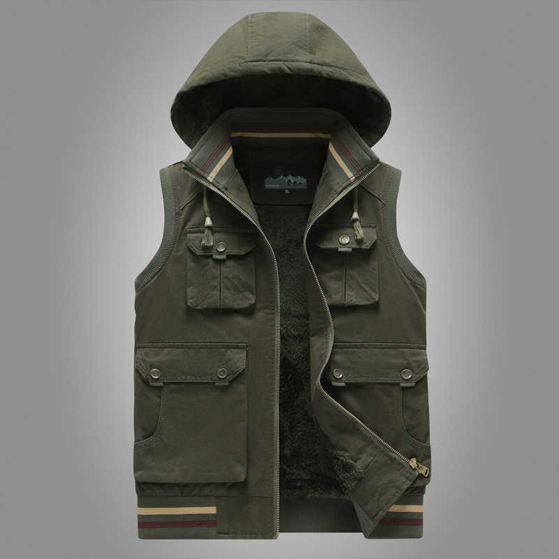 Men's fleece-lined utility vest, olive green, multiple pockets, warm outdoor wear