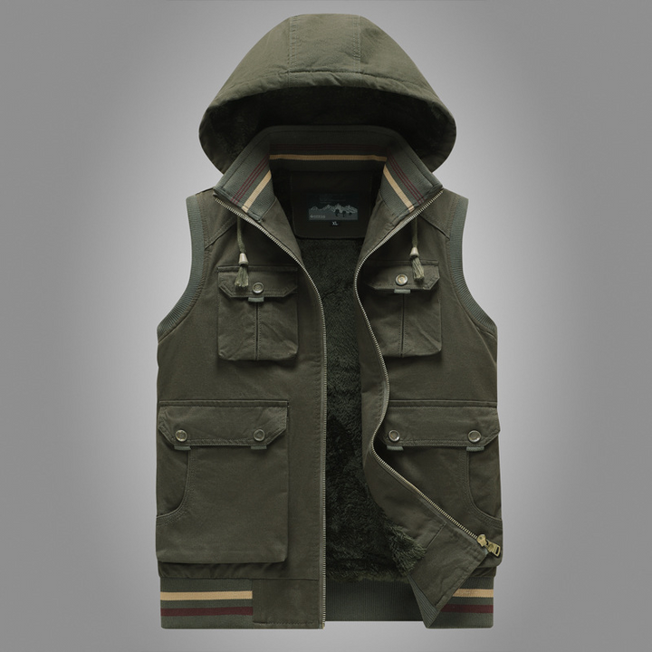 Men's fleece-lined utility vest, olive green, multiple pockets, warm outdoor wear